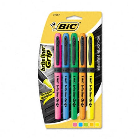 Bic Brite Liner Grip Highlighter Chisel Tip Five Fluorescent Colors per Set GBLP51ASST