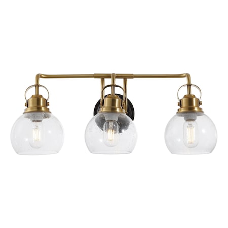 Jonathan Y Shirley 24" 3-light Farmhouse Industrial Metal LED Vanity Light w/Seeded Glass Globe Shades, Brass Go JYL7405B