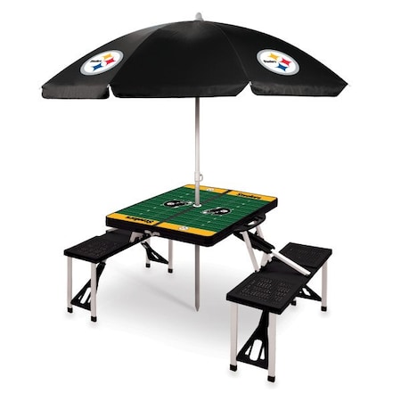Picnic Time Family Of Brands Pittsburgh Steelers - Picnic Table Portable Folding Table with Seats and Umbrella, (Black) 811-02-175-255-2