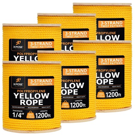 Xpose Safety 1/4in x 1200 ft Twisted Polypropylene Rope, Yellow, 6PK YPR14-1200-6-X