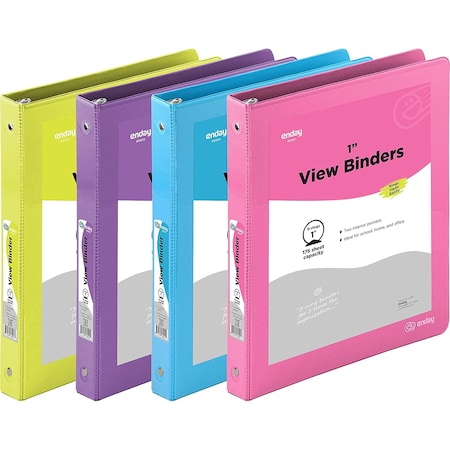 Enday Three-Ring View Binder, O-Ring, Assorted Colors, 1 Inch, 4PK END-1613-4