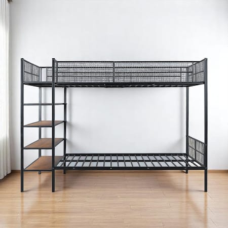 Homeroots Black Twin Over Full Industrial Metal Bunk Bed With Shelves 592811