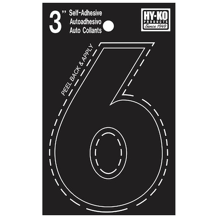 Hy-Ko 30400 Series Die-Cut Number, Character: 6, 3 in H Character, Black Character, Vinyl 30406