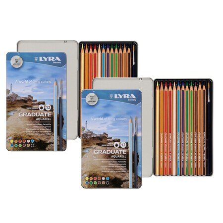 Lyra Graduate Watercolor Pencils Set Tin with Brush, Assorted Colors, 12-Piece Set, 2PK L2881120