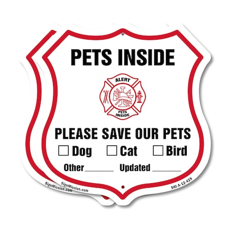Signmission Pets Inside Shield Sign Alert Please Sav, 12 inch X 12 inch, Plastic Sign, 2PK SHI-P-2PACK-12-429