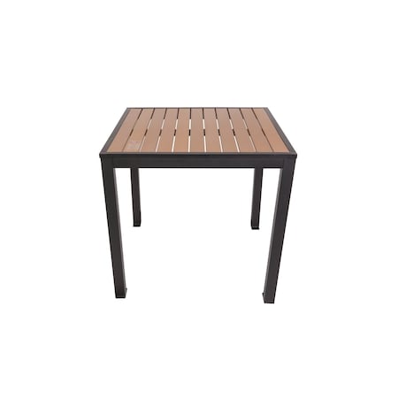 Bfm Seating Longport 4-Leg Bolt-Down Table 35x35, Synthetic Teak Top, Black Frame - Umbrella Hole Optional PH4L3535TKBL