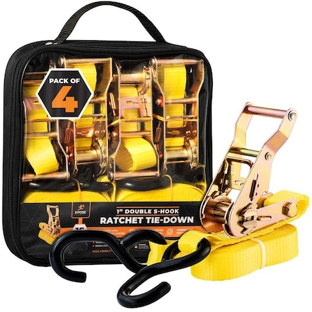 Xpose Safety Ratchet Straps Heavy Duty, 1 In x 15 FT Tie Down Straps Ratchet Operated with Double S Hooks, 4-PK RTD115-DSH-4-X