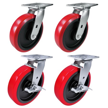 Hyw Products Heavy Duty Caster Set 8in Polyurethane on Plastic Wheels, 2 Swivel & 2 Swivel with Brake, 4PK 40-80S-A1-PU-2,40-80S-A1-PU-TB-2