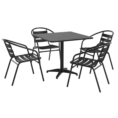 Flash Furniture Lila 31.5in Black Square Aluminum Indoor-Outdoor Table Set with 4 Black Slat Back Chairs TLH-ALUM-32SQ-017BK4-GG