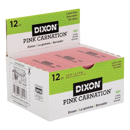 Dixon Pink Carnation Erasers, Large, 2-9/16 x 1 x 7/16, 12PK X38910