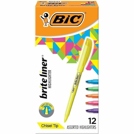 Bic Brite Liner Highlighter, Chisel Tip, Assorted Fluorescent Ink, 12/Box BL11AST