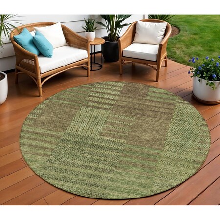 Homeroots 8' Brown Taupe And Green Round Striped Washable Indoor Outdoor Area Rug 613171