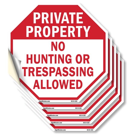 Signmission Private Property No Hunting or Tres, 6 inch X 6 inch, Vinyl Decal, 5PK OC-D-5PACK-6-153