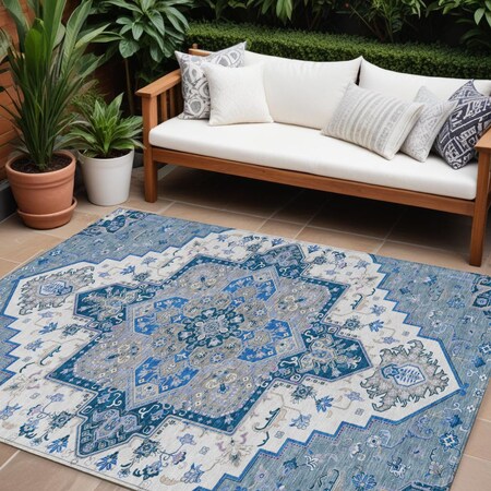 Homeroots 10' X 14' Blue Gray And Ivory Oriental Washable Indoor Outdoor Area Rug 600149