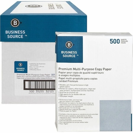 Business Source Multipurpose Copy Paper, 8.5 x 11 in, 92 Bright, White, 500 Sheets/Ream, 5 Reams BSN32125
