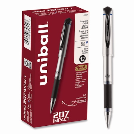 Uni-Ball Impact 207 Stick Gel Pen, Bold 1mm, Blue Ink, Black Barrel, PK12 65801