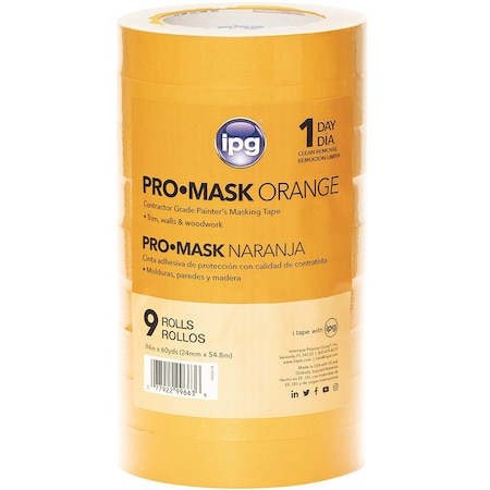 Promask Orange 9-Rolls of .94in x 60 Yds Intertape PG505 Utility Paper Masking Tape, 1 Contractor pack PG505-24