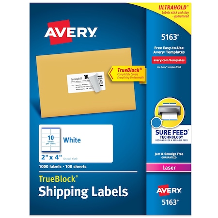 Avery TrueBlock Shipping Labels, Sure, PK1000 5163