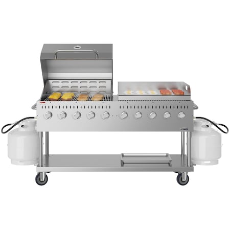 Koolmore 72 in. 10-Burner Commercial Outdoor Propane Gas Grill w/ 36 in. Roll Dome Cover and 36 in. Griddle CGKIT7-D36G36