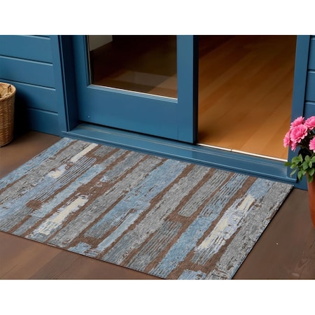 Homeroots 3' X 5' Chocolate Blue And Beige Striped Washable Indoor Outdoor Area Rug 616646