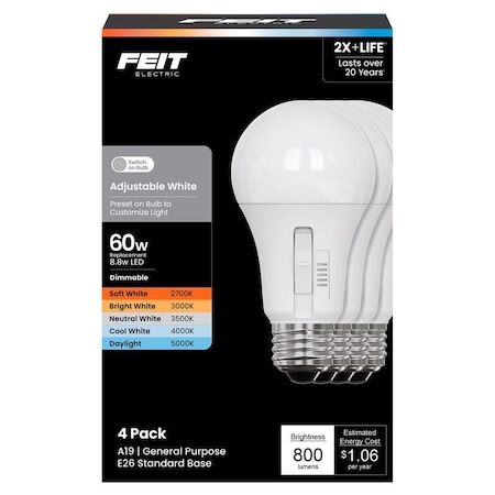 Feit Electric A19 E26 Medium LED Bulb Adjustable White 60 Watt Equivalence, 4PK OM60DM/5CCTCA/4
