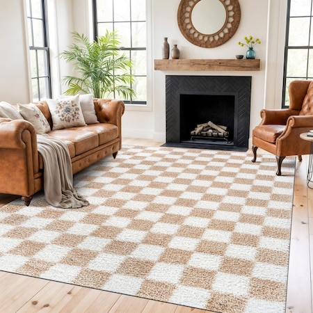 World Rug Gallery Beige Block Shag Area Rug 7 ft 10 in x 10 ft Beige WR118BEIGE8X10