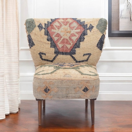 Homeroots 26" Beige Blue and Red  Jute Southwestern Wingback Chair 565086