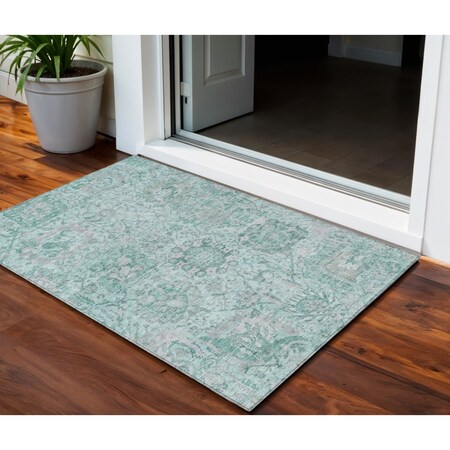 Homeroots 3' X 5' Teal Blue And Gray Damask Washable Indoor Outdoor Area Rug 603791