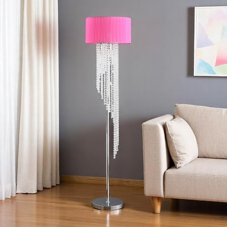 Homeroots 53" Clear And Silver Crystal And Metal Floor Lamp With Hot Pink Linen Drum Shade 569599
