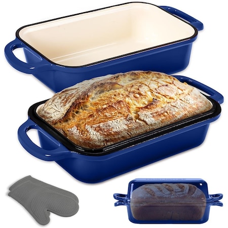 Nutrichef 9x5 in Enameled Cast Iron Loaf Pan with Lid, Enamel-Coated Baking Loaf Pan for Sourdough, Oven Safe NCCIELF2BL