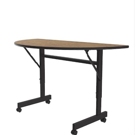 Correll Half Round Econoline TFL Flip Top Table, 48 in W, 23 in to 31 in H, Particleboard Top, Medium Oak FTM2448TFHR-06