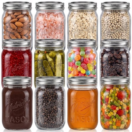Nutrichef 12-Pack 16 oz Mason Jars with Lids, 12PK NCMSJ12