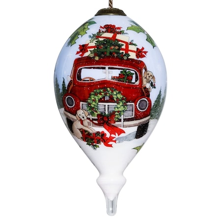 Homeroots Puppy and Red Truck Christmas Wreath Hand Painted Mouth Blown Glass Ornament 477530