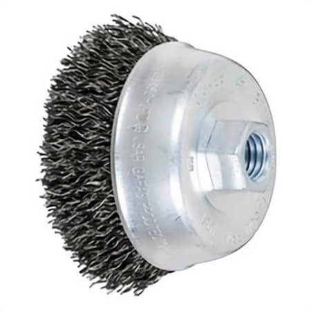 Pferd Minigrinder Cup Brush, 3-1/2 in dia Brush, 5/8-11 Arbor Hole, 0.02 in dia Filament/Wire, Crimped 82255