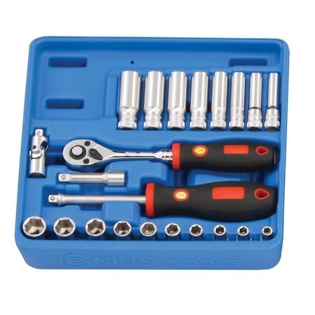 Genius Tools 22PC 1/4in Dr. Metric Deep Hand Socket Set GS-222M
