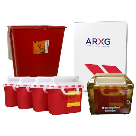 Arxg 18gal Mail-In Take Back Sharps Container, 5.4qt Sharps Container and Wall Mount System Bundle, 4PK NS 5641