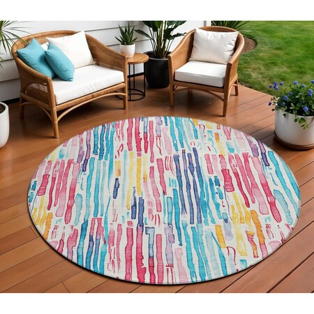 Homeroots 8' White Pink And Teal Blue Round Striped Washable Indoor Outdoor Area Rug 617706