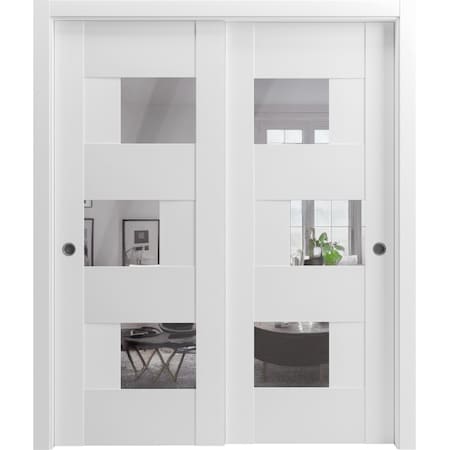Vdomdoors Sliding Closet Opaque Glass Bypass Doors 36x84 inches Sete 6999 White Silk with Mirror Rails SETE6999DBD-WS-3684
