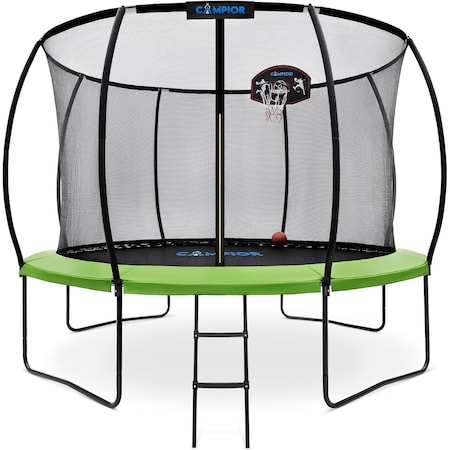 Campior 12ft Pumpkin Trampoline with Luxury Ladder, Basketball Hoop, Inner Enclosure, Safe, Durable Fun RMTRMP127GRN