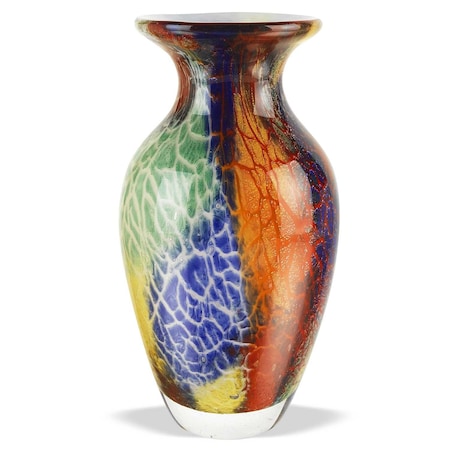 Homeroots 11" Blue Green And Orange Urn Murano Glass Table Vase 375779