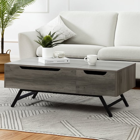 Homeroots 48" Gray Oak and Black Wood and Steel Lift Top Coffee Table With Drawer 572286