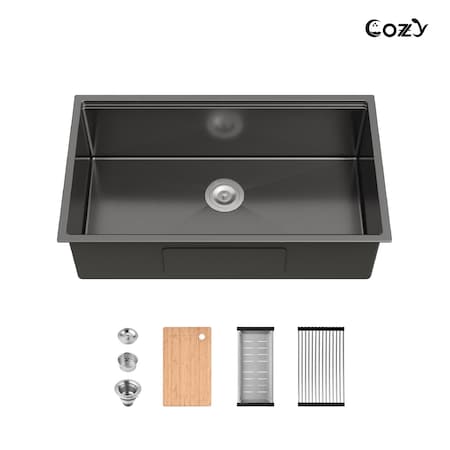 Wrightmaster 30 in. Undermount Single Bowl 20 Gauge Black Stainless Steel Kitchen Sink with Drain ZOR-BL07D331908