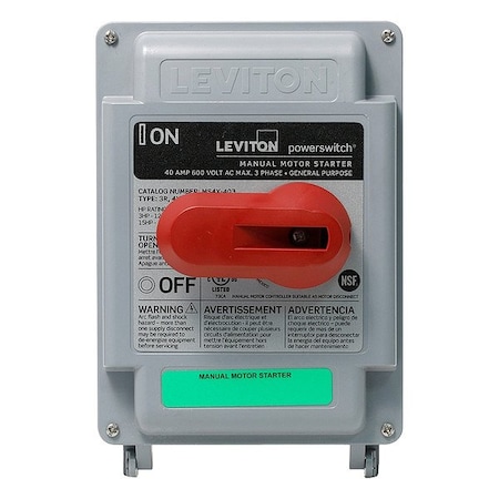 Leviton Enclosed Manual Motor Switch, 40 A, 3 P, 1 or 3 Phase, NEMA 4X MS4X-403