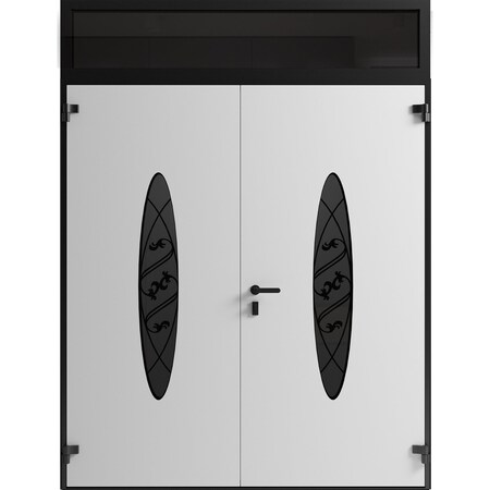 Vdomdoors Front Exterior Prehung Aluminum Double Doors Ronex1277 Black Enamel Top Transom Mirrored Clear RONEX1277DEXD-BLK-W72xH80+16-RH-O