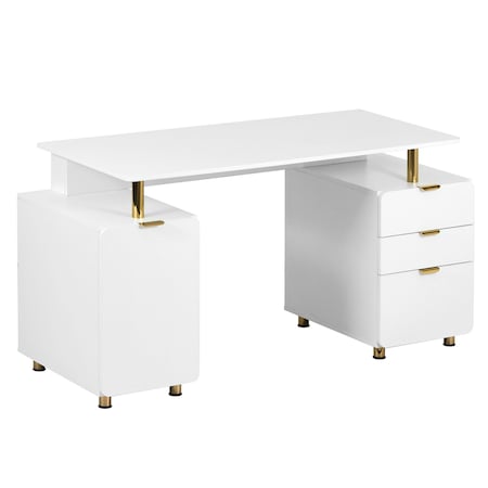 Homeroots 57" White Wood and Stainless Steel Computer Desk With Three Drawers 723772