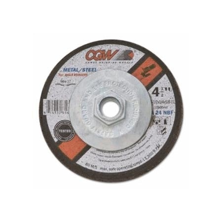 Cgw Abrasives 1/4 in Depressed Center Wheel Type 27, 4-1/2 in dia, 7/8 in Arbor, A24N, 25PK 421-35622