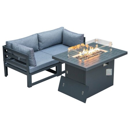Leisuremod Chelsea 3-Piece Sectional Loveseat and Fire Pit Table Set Black Aluminum with Blue Cushions CSFCBL-2BU