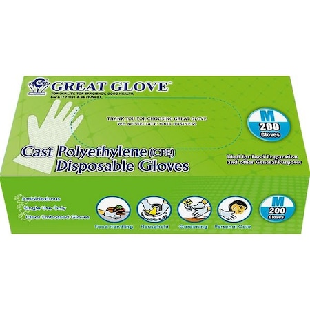 Great Glove Disposable Gloves, Cast Polyethylene (CPE), M, 200 PK, Clear CP200-M