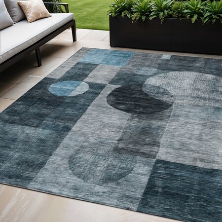 Homeroots 5' X 8' Teal Blue Gray And Charcoal Geometric Washable Indoor Outdoor Area Rug 604343