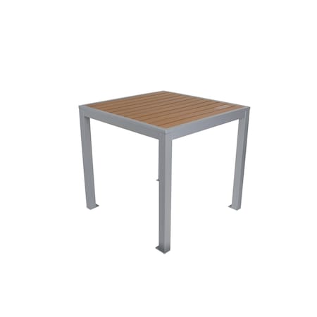 Bfm Seating Longport 4-Leg Bolt-Down Table 32x32, Synthetic Teak Top, Silver Frame - Umbrella Hole Optional PH4L3232TKSV